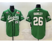 Men's Philadelphia Eagles #26 Saquon Barkley Green 2025 Super Bowl LIX And 3-Star C Patch Stitched Baseball Jersey