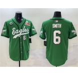 Men's Philadelphia Eagles #6 DeVonta Smith Green 2025 Super Bowl LIX And 3-Star C Patch Stitched Baseball Jersey