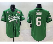 Men's Philadelphia Eagles #6 DeVonta Smith Green 2025 Super Bowl LIX And 3-Star C Patch Stitched Baseball Jersey