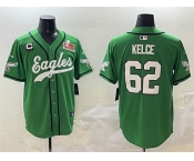 Men's Philadelphia Eagles #62 Jason Kelce Green 2025 Super Bowl LIX And 3-Star C Patch Stitched Baseball Jersey