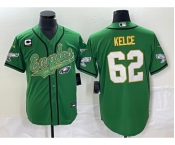 Men's Philadelphia Eagles #62 Jason Kelce Green Gold C Patch Cool Base Stitched Baseball Jersey