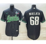Men's Philadelphia Eagles #68 Jordan Mailata Black Pinstripe With Super Bowl LVII Patch Cool Base Stitched Baseball Jersey
