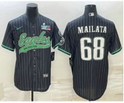 Men's Philadelphia Eagles #68 Jordan Mailata Black Pinstripe With Super Bowl LVII Patch Cool Base Stitched Baseball Jersey