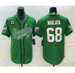 Men's Philadelphia Eagles #68 Jordan Mailata Green C Patch Cool Base Stitched Baseball Jersey