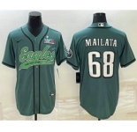 Men's Philadelphia Eagles #68 Jordan Mailata Green With Super Bowl LVII Patch Cool Base Stitched Baseball Jersey