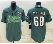 Men's Philadelphia Eagles #68 Jordan Mailata Green With Super Bowl LVII Patch Cool Base Stitched Baseball Jersey
