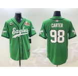 Men's Philadelphia Eagles #98 Jalen Carter Green 2025 Super Bowl LIX And 3-Star C Patch Stitched Baseball Jersey