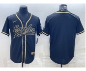 Men's Philadelphia Eagles Blank Black Gold With Patch Cool Base Stitched Baseball Jersey