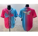 Men's Philadelphia Eagles Team Big Logo Pink Blue Limited Stitched Baseball Jersey