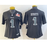 Women's Philadelphia Eagles #1 Jalen Hurts Black 2025 Super Bowl LIX Patch Fashion Vapor Untouchable Limited Football Stitched Jersey