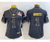 Women's Philadelphia Eagles #1 Jalen Hurts Black Gold 2025 Super Bowl LIX Patch Salute To Service Vapor Untouchable Limited Stitched Football Jersey