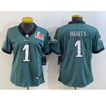 Women's Philadelphia Eagles #1 Jalen Hurts Green 2025 Super Bowl LIX Patch Vapor Untouchable Limited Stitched Football Jersey