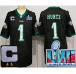 Women's Philadelphia Eagles #1 Jalen Hurts Limited Black C Patch Super Bowl LVII Vapor Jersey