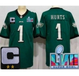 Women's Philadelphia Eagles #1 Jalen Hurts Limited Green C Patch Super Bowl LVII Vapor Jersey