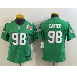 Women's Philadelphia Eagles #98 Jalen Carter Green 2025 Super Bowl LIX Patch F.U.S.E. Throwback Vapor Untouchable Limited Stitched Football Jersey