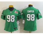 Women's Philadelphia Eagles #98 Jalen Carter Green 2025 Super Bowl LIX Patch F.U.S.E. Throwback Vapor Untouchable Limited Stitched Football Jersey