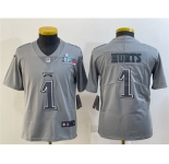 Youth Philadelphia Eagles #1 Jalen Hurts Gray Super Bowl LVII Patch Atmosphere Fashion Stitched Football Jersey