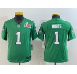 Youth Philadelphia Eagles #1 Jalen Hurts Green 2025 Super Bowl LIX Patch F.U.S.E. Throwback Vapor Untouchable Limited Stitched Football Jersey