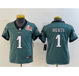 Youth Philadelphia Eagles #1 Jalen Hurts Green 2025 Super Bowl LIX Patch Vapor Untouchable Limited Stitched Football Jersey