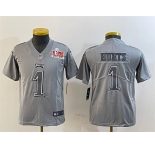 Youth Philadelphia Eagles #1 Jalen Hurts Grey 2025 Super Bowl LIX Patch Atmosphere Fashion Vapor Untouchable Limited Stitched Football Jersey