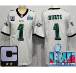 Youth Philadelphia Eagles #1 Jalen Hurts Limited White C Patch Super Bowl LVII Vapor Jersey