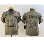 Youth Philadelphia Eagles #11 A.J. Brown Olive 2025 Super Bowl LIX Patch Salute To Service Vapor Untouchable Limited Stitched Football Jersey