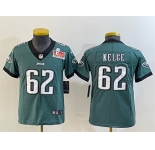 Youth Philadelphia Eagles #62 Jason Kelce Green 2025 Super Bowl LIX Patch Vapor Untouchable Limited Stitched Football Jersey