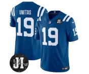 Men's Indianapolis Colts #19 Johnny Unitas Blue 2025 F.U.S.E. Jim Irsay Patch Vapor Limited Football Stitched Jersey