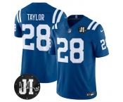 Men's Indianapolis Colts #28 Jonathan Taylor Blue 2025 F.U.S.E. Jim Irsay Patch Vapor Limited Football Stitched Jersey