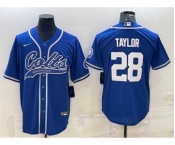 Men's Indianapolis Colts #28 Jonathan Taylor Blue With Patch Cool Base Stitched Baseball Jersey
