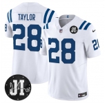 Men's Indianapolis Colts #28 Jonathan Taylor White 2025 F.U.S.E. Jim Irsay Patch Vapor Limited Football Stitched Jersey