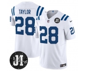 Men's Indianapolis Colts #28 Jonathan Taylor White 2025 F.U.S.E. Jim Irsay Patch Vapor Limited Football Stitched Jersey