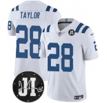 Men's Indianapolis Colts #28 Jonathan Taylor White Jim Irsay Patch Vapor Limited Football Stitched Jersey