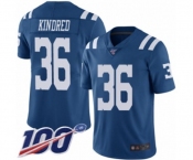 Men's Indianapolis Colts #36 Derrick Kindred Limited Royal Blue Rush Vapor Untouchable 100th Season Football Jersey