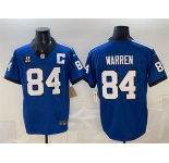 Men's Indianapolis Colts #84 Tyler Warren Blue 2025 F.U.S.E. Jim Irsay Patch Throwback Vapor Limited Football Stitched Jersey