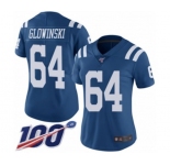 Women's Indianapolis Colts #64 Mark Glowinski Limited Royal Blue Rush Vapor Untouchable 100th Season Football Jersey