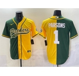 Men's Green Bay Packers #1 Micah Parsons Green Gold Split Cool Base Stitched Baseball Jersey