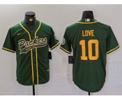 Men's Green Bay Packers #10 Jordan Love Green Cool Base Stitched Baseball Jersey