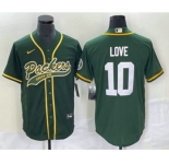 Men's Green Bay Packers #10 Jordan Love Green With Patch Cool Base Stitched Baseball Jersey