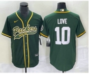Men's Green Bay Packers #10 Jordan Love Green With Patch Cool Base Stitched Baseball Jersey