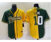 Men's Green Bay Packers #10 Jordan Love Green Yellow Split With Patch Cool Base Stitched Baseball Jersey