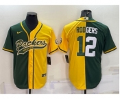 Men's Green Bay Packers #12 Aaron Rodgers Green Yellow Split With Patch Cool Base Stitched Baseball Jersey