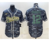 Men's Green Bay Packers #12 Aaron Rodgers Grey Green Camo With Patch Cool Base Stitched Baseball Jersey