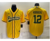 Men's Green Bay Packers #12 Aaron Rodgers Yellow Stitched MLB Cool Base Nike Baseball Jersey