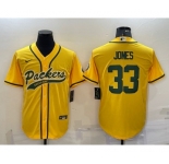 Men's Green Bay Packers #33 Aaron Jones Yellow With Patch Cool Base Stitched Baseball Jersey