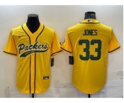Men's Green Bay Packers #33 Aaron Jones Yellow With Patch Cool Base Stitched Baseball Jersey