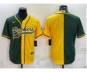Men's Green Bay Packers Blank Green Yellow Split With Patch Cool Base Stitched Baseball Jersey