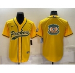 Men's Green Bay Packers Yellow Team Big Logo With Patch Cool Base Stitched Baseball Jersey