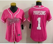 Women's Green Bay Packers #1 Micah Parsons Pink With Patch Cool Base Stitched Baseball Jersey