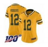 Women's Green Bay Packers #12 Aaron Rodgers Limited Gold Inverted Legend 100th Season Football Jersey
